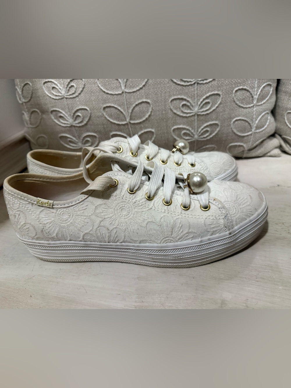 White Floral Lace-Up Sneakers with Pearl Charm